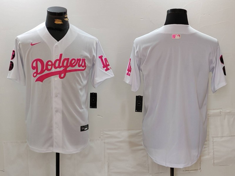 Men's Los Angeles Dodgers Team Big Logo White Pink Vin & Kobe Patch Stitched Baseball Jersey 3 Men's Los Angeles Dodgers Team Big Logo White Pink Vin & Kobe Patch Stitched Baseball Jersey 3