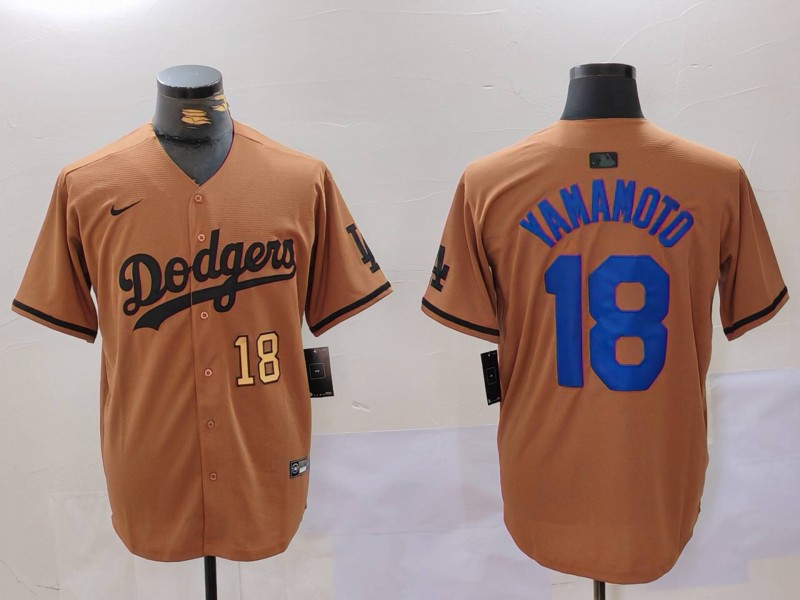 Men's Los Angeles Dodgers #18 Yoshinobu Yamamoto Brown Cool Base Stitched Baseball Jersey 1 Men's Los Angeles Dodgers #18 Yoshinobu Yamamoto Brown Cool Base Stitched Baseball Jersey 1