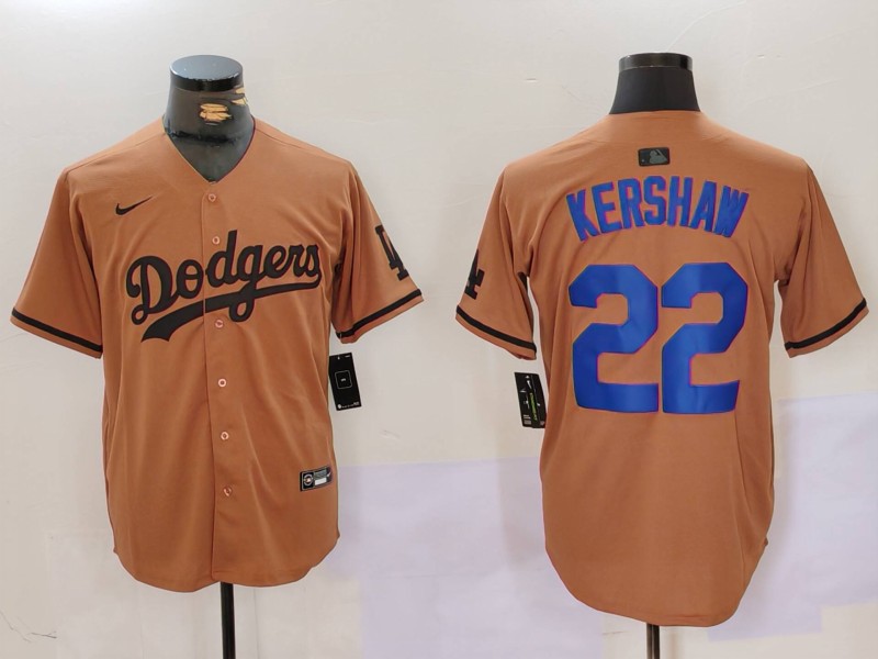 Men's Los Angeles Dodgers #22 22 Clayton Kershaw Brown Cool Base Stitched Baseball Jersey 7 Men's Los Angeles Dodgers #22 22 Clayton Kershaw Brown Cool Base Stitched Baseball Jersey 7