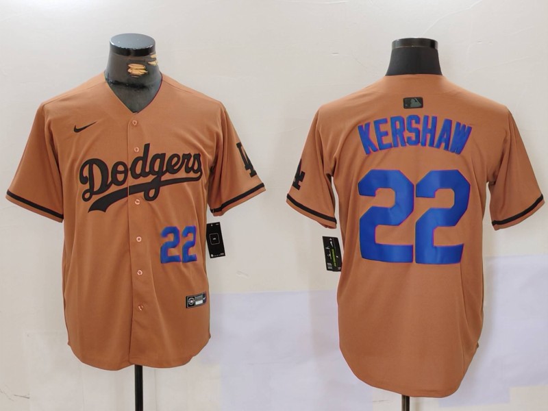 Men's Los Angeles Dodgers #22 22 Clayton Kershaw Brown Cool Base Stitched Baseball Jersey 2 Men's Los Angeles Dodgers #22 22 Clayton Kershaw Brown Cool Base Stitched Baseball Jersey 2