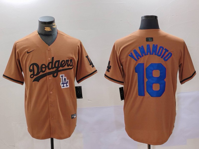 Men's Los Angeles Dodgers #18 Yoshinobu Yamamoto Brown Cool Base Stitched Baseball Jersey 3 Men's Los Angeles Dodgers #18 Yoshinobu Yamamoto Brown Cool Base Stitched Baseball Jersey 3