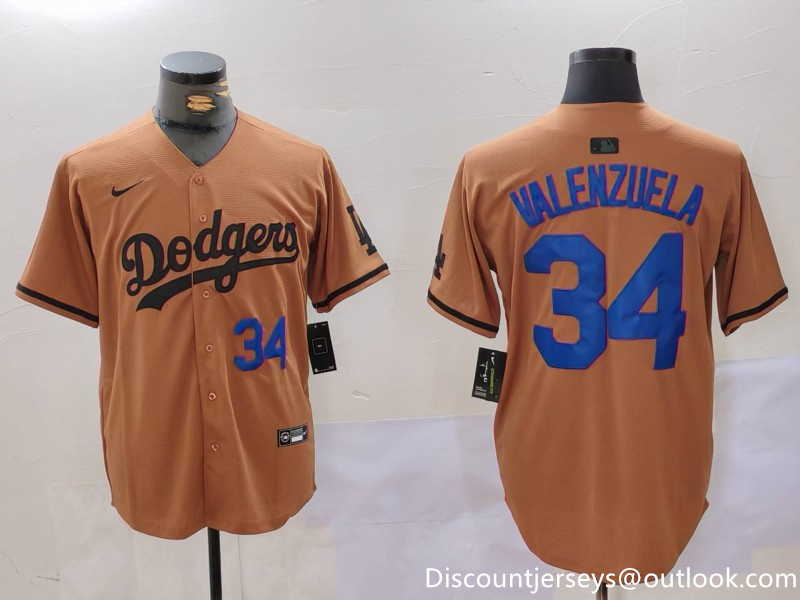 Men's Los Angeles Dodgers #34 Fernando Valenzuela Brown Cool Base Stitched Baseball Jersey