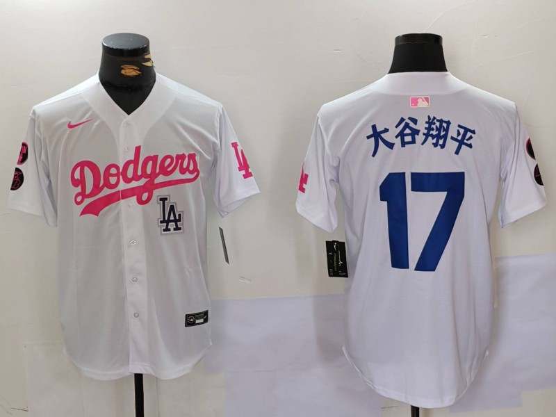 Men's Los Angeles Dodgers #17 太谷翔平 White Pink Vin & Kobe Patch Stitched Baseball Jersey 3