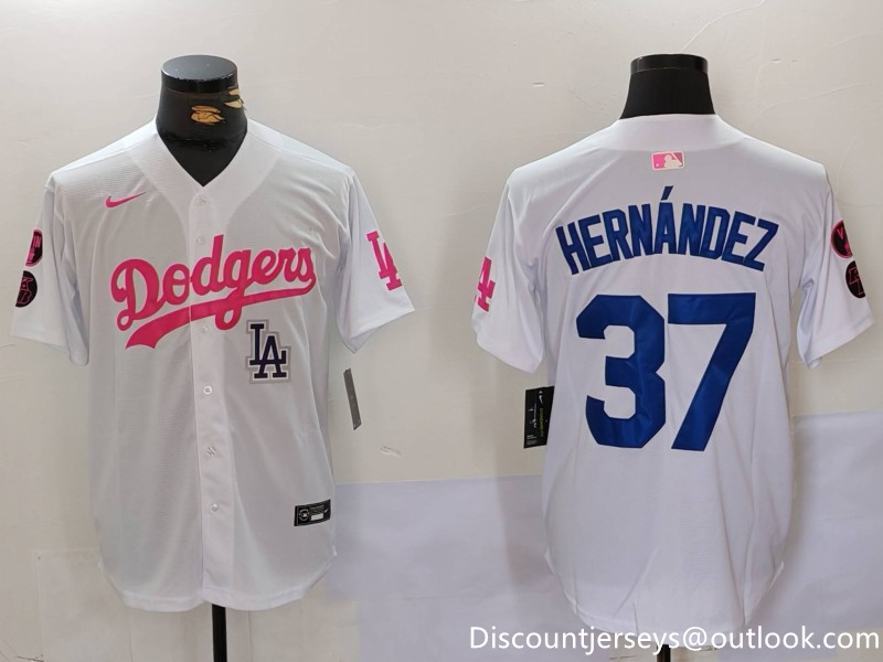 Men's Los Angeles Dodgers #37 Teoscar Hernández White Pink Vin & Kobe Patch Stitched Baseball Jersey 5