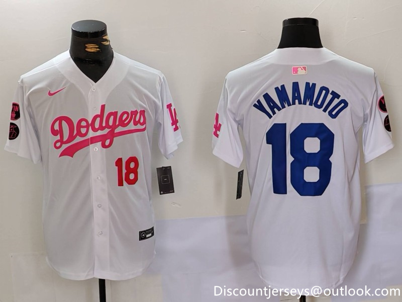 Men's Los Angeles Dodgers #18 Yoshinobu Yamamoto White Pink Vin & Kobe Patch Stitched Baseball Jerseys