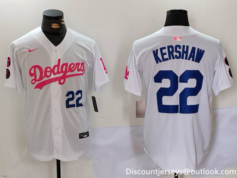 Men's Los Angeles Dodgers #22 Clayton Kershaw White Pink Vin & Kobe Patch Stitched Baseball Jersey 1