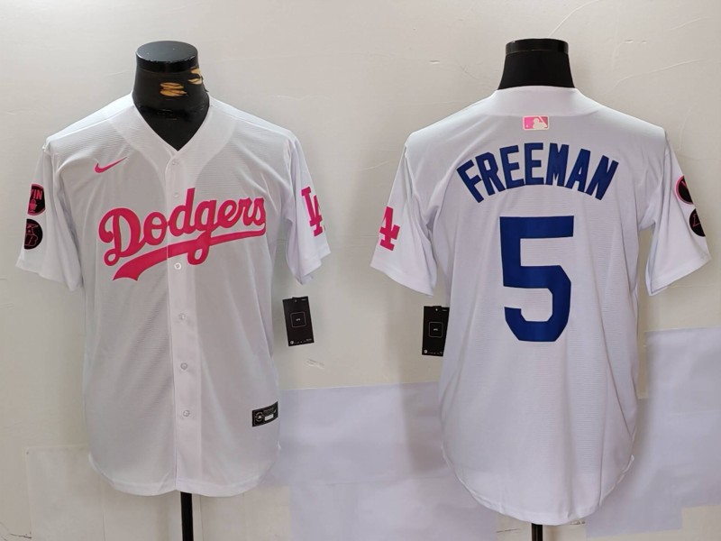 Men's Los Angeles Dodgers #5 Freddie Freeman White Pink Vin & Kobe Patch Stitched Baseball Jersey 2