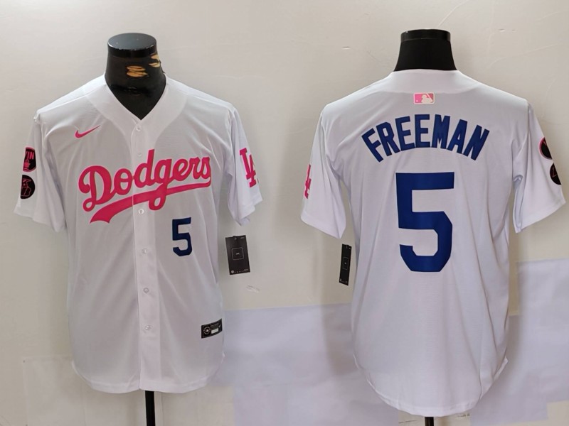 Men's Los Angeles Dodgers #5 Freddie Freeman White Pink Vin & Kobe Patch Stitched Baseball Jersey1 Men's Los Angeles Dodgers #5 Freddie Freeman White Pink Vin & Kobe Patch Stitched Baseball Jersey1