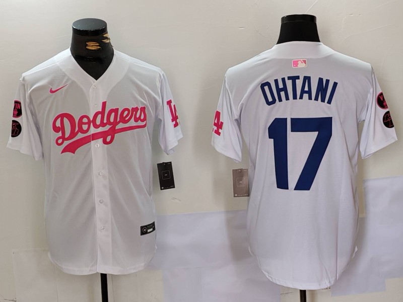 Men's Los Angeles Dodgers #17 Shohei Ohtani White Pink Vin & Kobe Patch Stitched Baseball Jersey 3