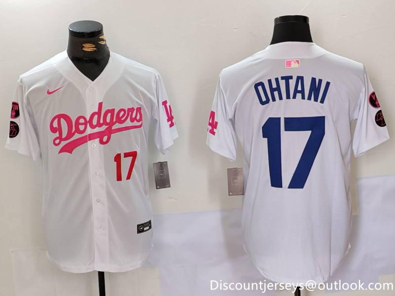 Men's Los Angeles Dodgers #17 Shohei Ohtani White Pink Vin & Kobe Patch Stitched Baseball Jerseys