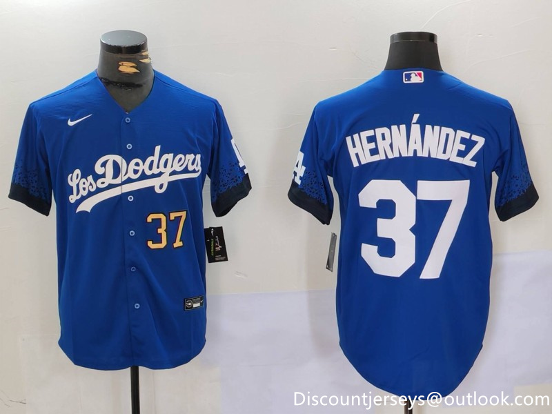 Men's Los Angeles Dodgers #37 Teoscar Hernández Blue Cool Base Stitched Baseball Jersey 2