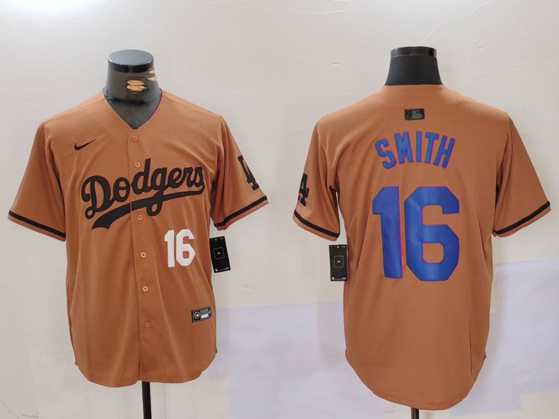 Men's Los Angeles Dodgers #16 Will Smith Brown Cool Base Stitched Baseball Jersey 9 Men's Los Angeles Dodgers #16 Will Smith Brown Cool Base Stitched Baseball Jersey 9