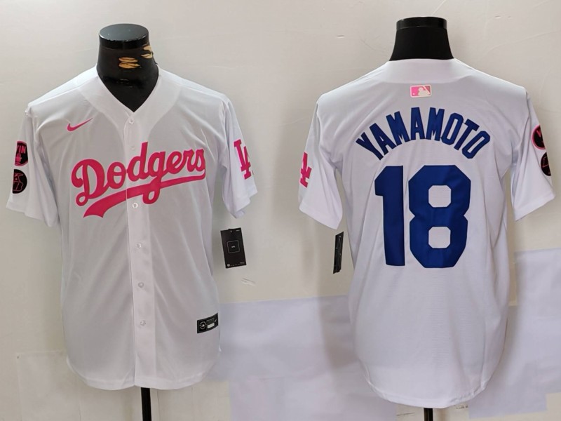 Men's Los Angeles Dodgers #18 Yoshinobu Yamamoto White Pink Vin & Kobe Patch Stitched Baseball Jersey 5