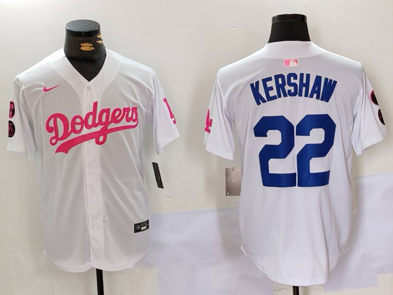 Men's Los Angeles Dodgers #22 Clayton Kershaw White Pink Vin & Kobe Patch Stitched Baseball Jersey 6