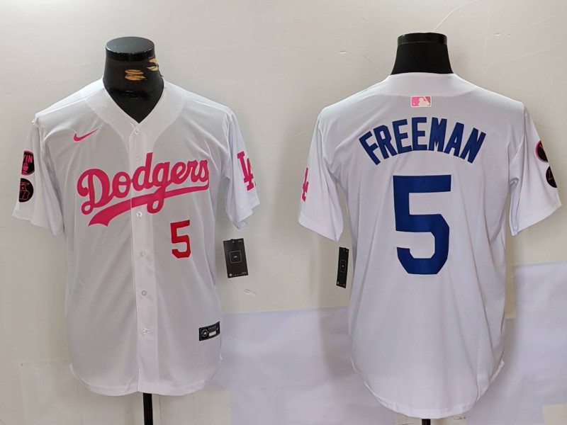 Men's Los Angeles Dodgers #5 Freddie Freeman White Pink Vin & Kobe Patch Stitched Baseball Jersey 3