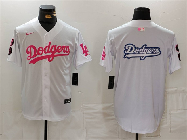 Men's Los Angeles Dodgers Team Big Logo White Pink Vin & Kobe Patch Stitched Baseball JerseyS1