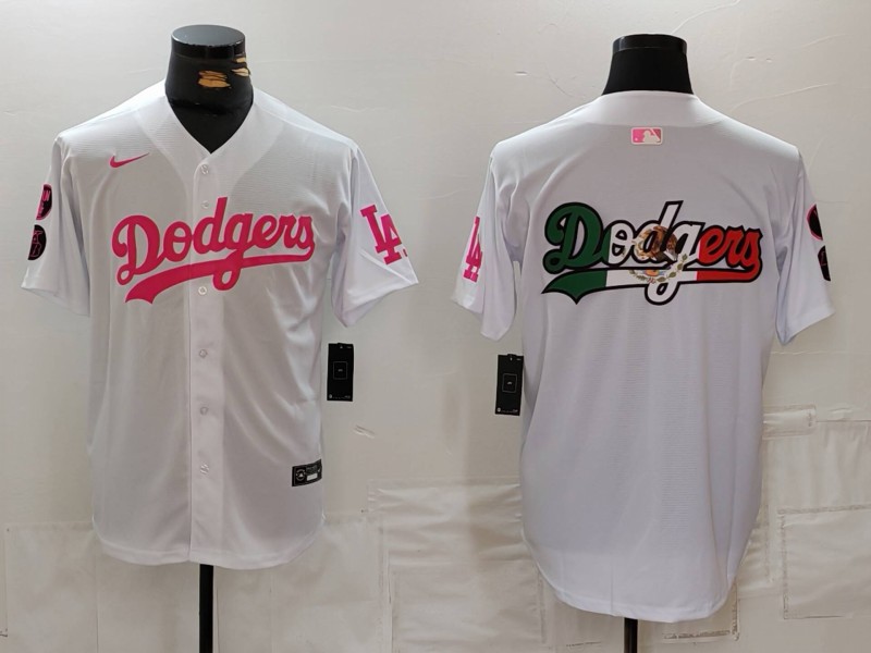 Men's Los Angeles Dodgers Team Big Logo White Pink Vin & Kobe Patch Stitched Baseball Jersey 8