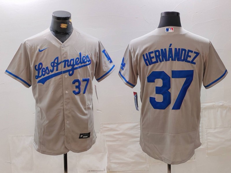Men's Los Angeles Dodgers #37 Teoscar Hernández Grey Flex Base Stitched Baseball Jersey 5 Men's Los Angeles Dodgers #37 Teoscar Hernández Grey Flex Base Stitched Baseball Jersey 5