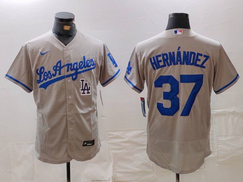 Men's Los Angeles Dodgers #37 Teoscar Hernández Grey Flex Base Stitched Baseball Jersey 3