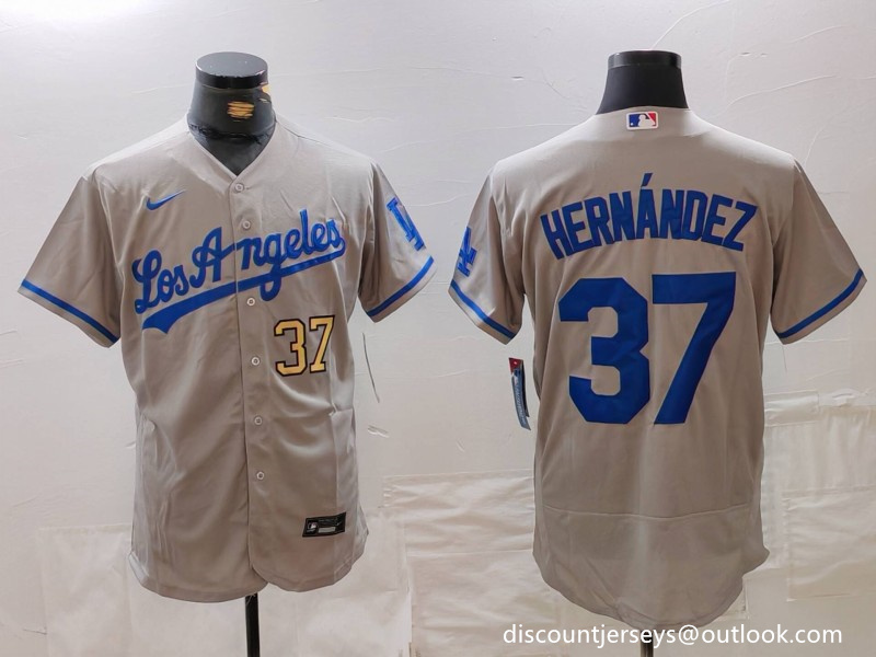 Men's Los Angeles Dodgers #37 Teoscar Hernández Grey Flex Base Stitched Baseball Jersey 1