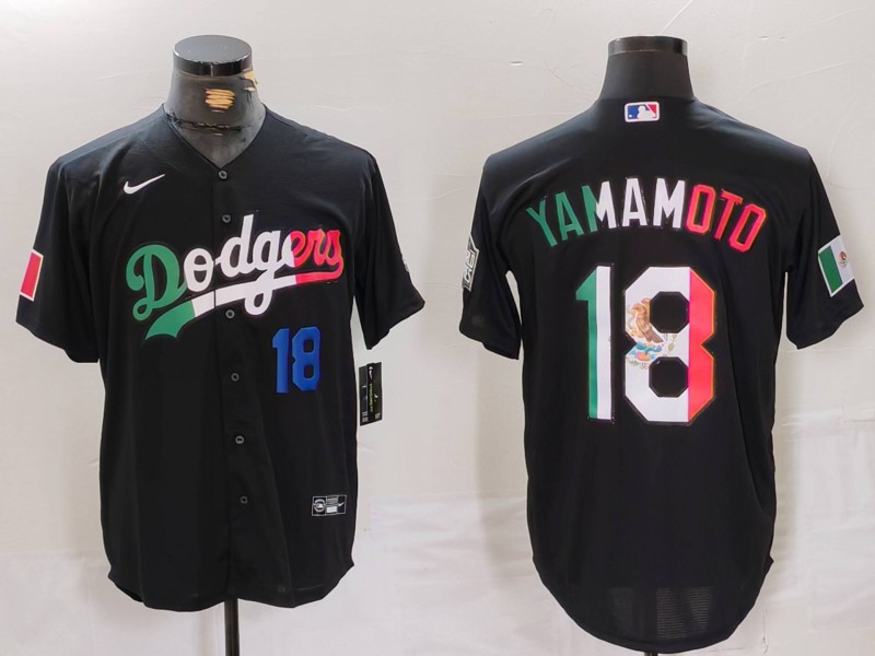 Men's Los Angeles Dodgers #18 Yoshinobu Yamamoto Black Mexico Cool Base Stitched Baseball Jersey 5