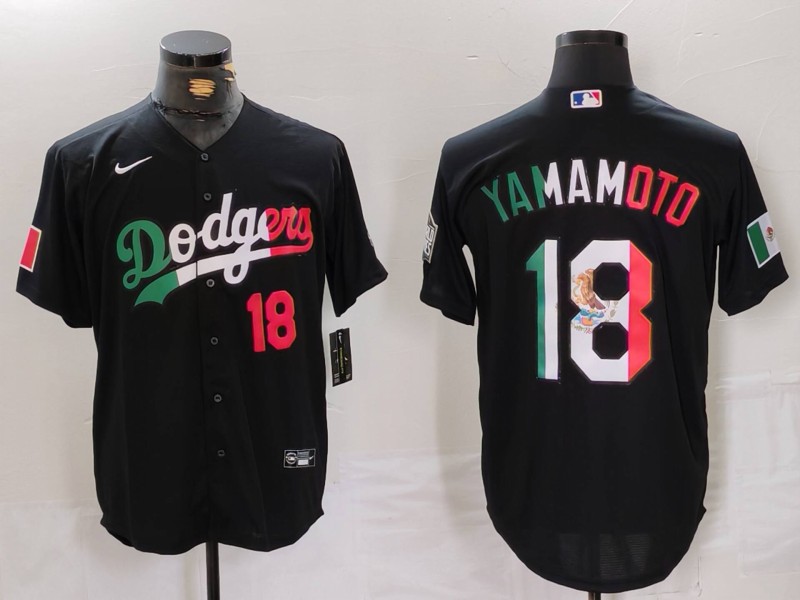 Men's Los Angeles Dodgers #18 Yoshinobu Yamamoto Black Mexico Cool Base Stitched Baseball Jersey 3