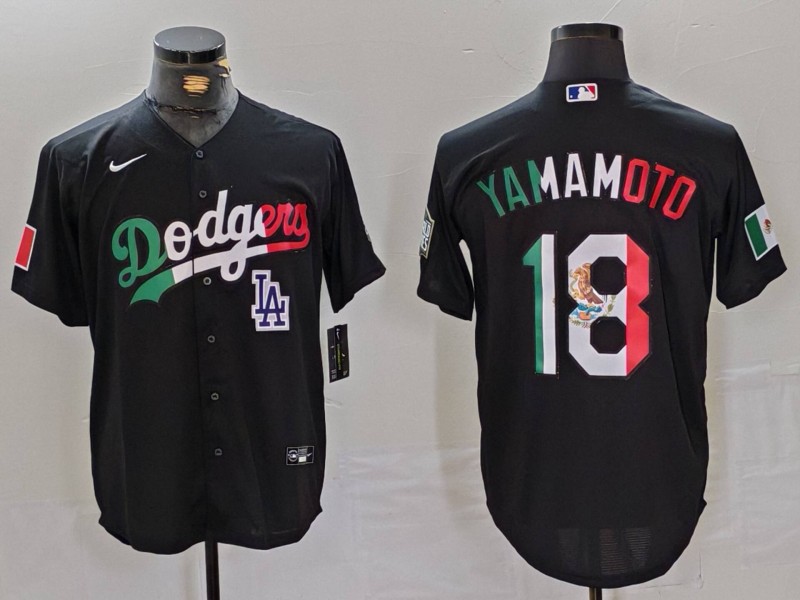 Men's Los Angeles Dodgers #18 Yoshinobu Yamamoto Black Mexico Cool Base Stitched Baseball Jersey 2