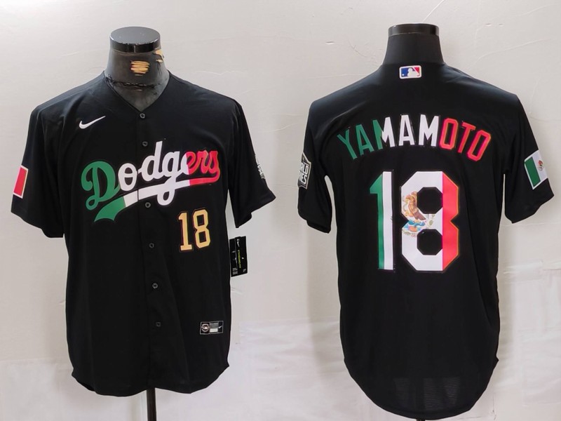 Men's Los Angeles Dodgers #18 Yoshinobu Yamamoto Black Mexico Cool Base Stitched Baseball Jersey 1