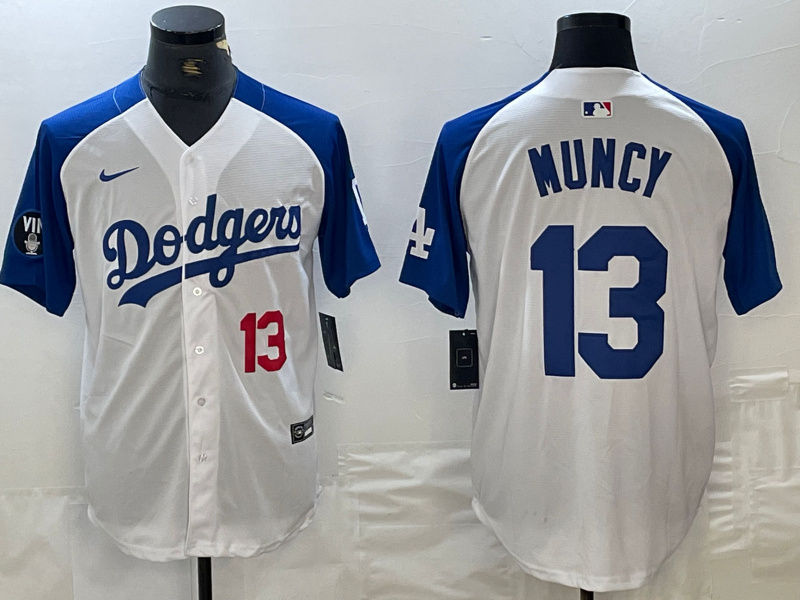Men's Los Angeles Dodgers #13 Max Muncy White Blue Vin Patch Cool Base Stitched Baseball Jersey