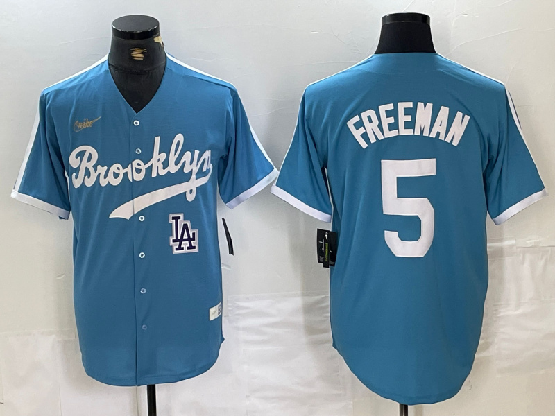 Men's Los Angeles Dodgers #5 Freddie Freeman Light Blue Throwback Cool Base Stitched Baseball Jersey s
