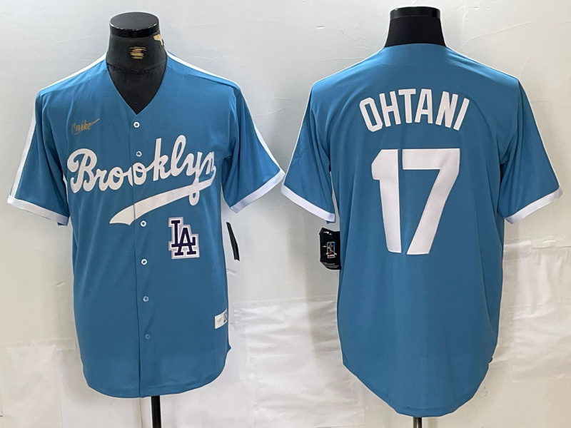 Men's Los Angeles Dodgers #17 Shohei Ohtani Light Blue Throwback Cool Base Stitched Baseball Jerseys