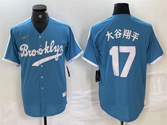 Men's Los Angeles Dodgers #17 大谷翔平 Light Blue Throwback Cool Base Stitched Baseball Jersey