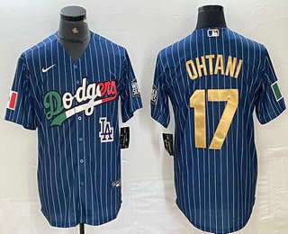 Men's Los Angeles Dodgers #17 Shohei Ohtani Mexico Blue Gold Pinstripe Cool Base Stitched Jerseys Men's Los Angeles Dodgers #17 Shohei Ohtani Mexico Blue Gold Pinstripe Cool Base Stitched Jerseys