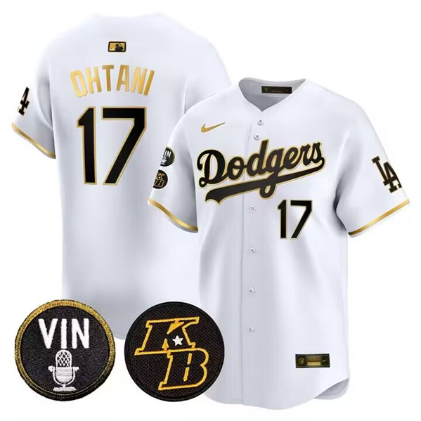 Men's Los Angeles Dodgers #17 Shohei Ohtani White Gold Vin & Kobe Patch Cool Base Stitched Baseball Jersey Men's Los Angeles Dodgers #17 Shohei Ohtani White Gold Vin & Kobe Patch Cool Base Stitched Baseball Jersey