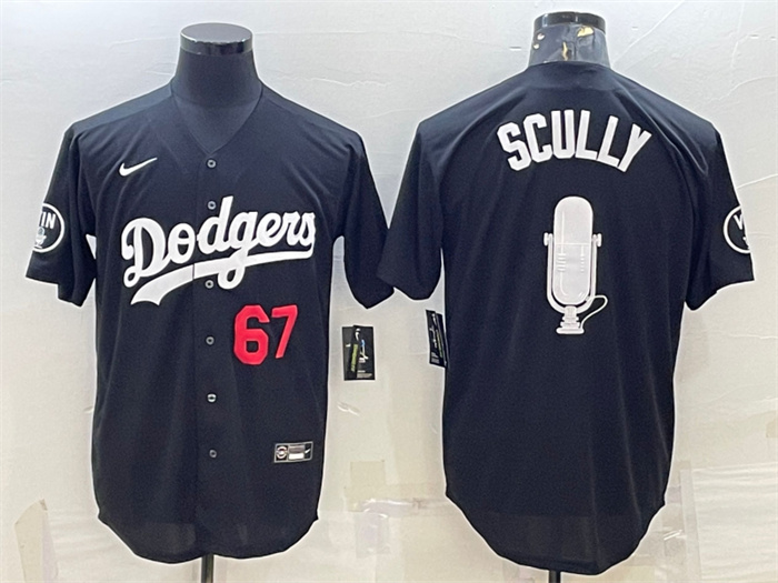 Men's Los Angeles Dodgers #67 Vin Scully Black Big Logo With Vin Scully Patch Stitched Jersey 2