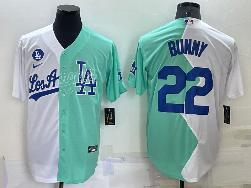 Men's Los Angeles Dodgers #22 Bad Bunny 2022 All Star White Green Cool Base Stitched Baseball Jersey