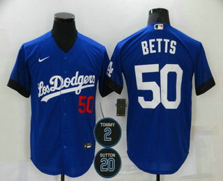Men's Los Angeles Dodgers #50 Mookie Betts Blue #2 #20 Patch City Connect Number Cool Base Stitched Jersey Men's Los Angeles Dodgers #50 Mookie Betts Blue #2 #20 Patch City Connect Number Cool Base Stitched Jersey