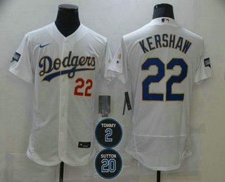 Men's Los Angeles Dodgers #22 Clayton Kershaw White Gold #2 #20 Patch Stitched MLB Flex Base Nike Jersey Men's Los Angeles Dodgers #22 Clayton Kershaw White Gold #2 #20 Patch Stitched MLB Flex Base Nike Jersey