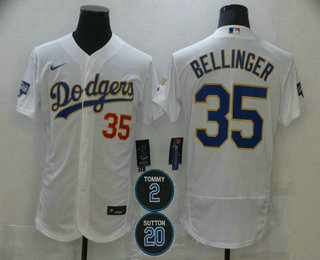 Men's Los Angeles Dodgers #35 Cody Bellinger White Gold #2 #20 Patch Stitched MLB Flex Base Nike Jersey Men's Los Angeles Dodgers #35 Cody Bellinger White Gold #2 #20 Patch Stitched MLB Flex Base Nike Jersey