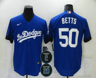 Men's Los Angeles Dodgers #50 Mookie Betts Blue #2 #20 Patch City Connect Cool Base Stitched Jersey Men's Los Angeles Dodgers #50 Mookie Betts Blue #2 #20 Patch City Connect Cool Base Stitched Jersey