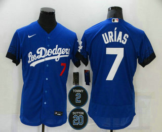 Men's Los Angeles Dodgers #7 Julio Urias Blue #2 #20 Patch City Connect Flex Base Stitched Jersey Men's Los Angeles Dodgers #7 Julio Urias Blue #2 #20 Patch City Connect Flex Base Stitched Jersey