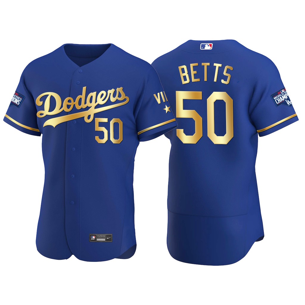 Los Angeles Dodgers #50 Mookie Betts Men's Nike Authentic 2021 Gold Program World Series Champions MLB Jersey Royal