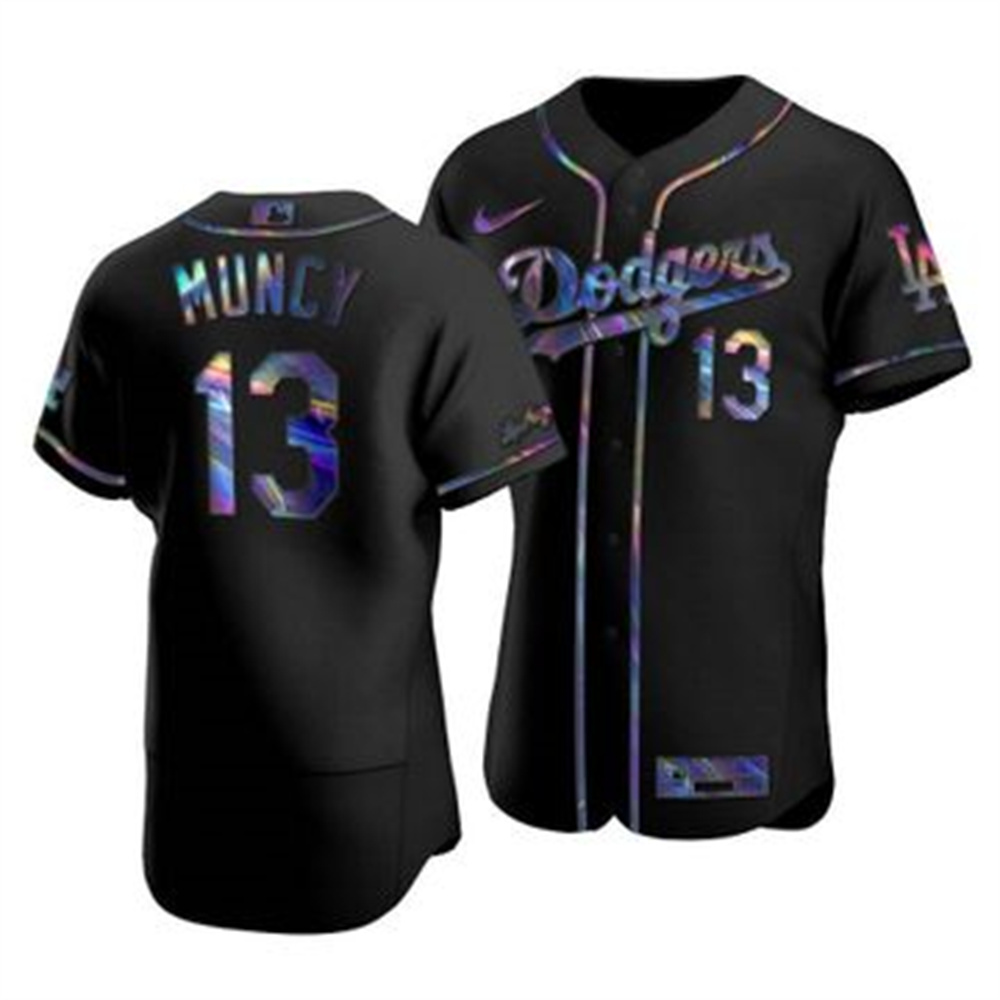 Los Angeles Dodgers #13 Max Muncy Men's Nike Iridescent Holographic Collection MLB Jersey - Black Los Angeles Dodgers #13 Max Muncy Men's Nike Iridescent Holographic Collection MLB Jersey - Black