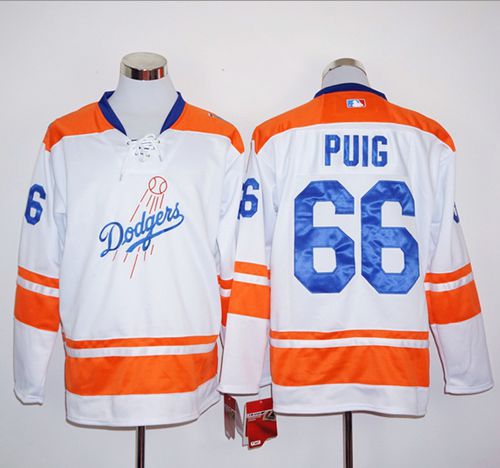 Dodgers #66 Yasiel Puig White Orange Long Sleeve Stitched MLB Jersey Dodgers #66 Yasiel Puig White Orange Long Sleeve Stitched MLB Jersey