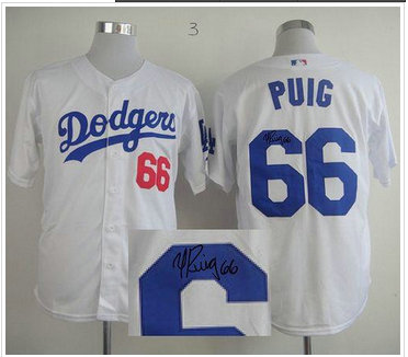Los Angeles Dodgers #66 Yasiel Puig White Cool Base Autographed Stitched Baseball Jersey