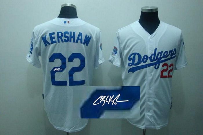 Los Angeles Dodgers #22 Clayton Kershaw White MLB Jerseys(Signed)
