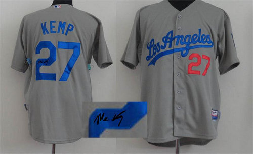 Los Angeles Dodgers 27 Matt Kemp Grey MLB Jerseys(Signed)