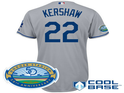Los Angeles Dodgers 22 Clayton Kershaw grey Cool Base Jersey wDodger Stadium 50th Anniversary Patch