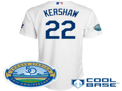 Los Angeles Dodgers 22 Clayton Kershaw white Cool Base Jersey wDodger Stadium 50th Anniversary Patch