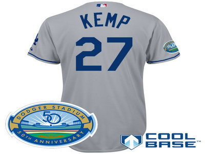 Los Angeles Dodgers 27 Matt Kemp grey Cool Base Jersey wDodger Stadium 50th Anniversary Patch